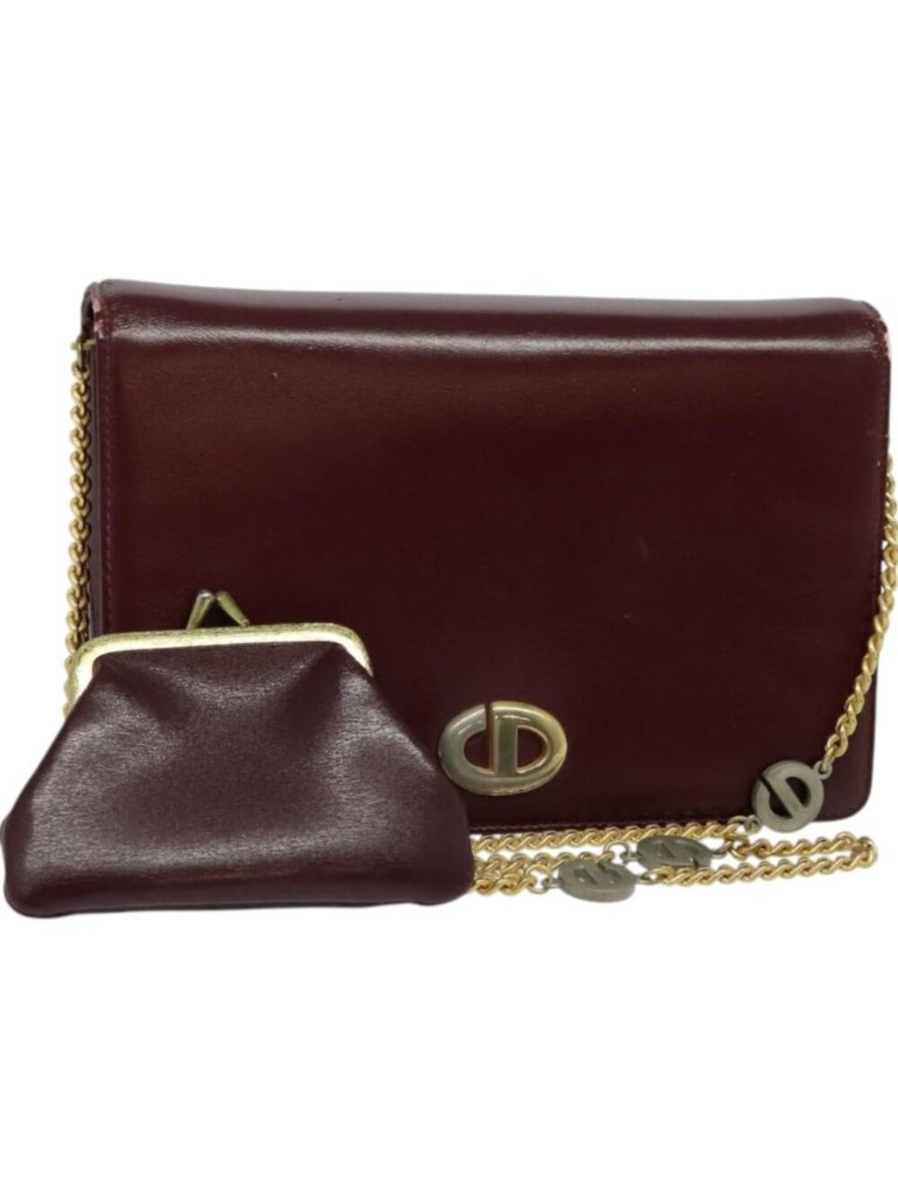 Christian Dior Chain Shoulder Bag Leather Wine Red Gold